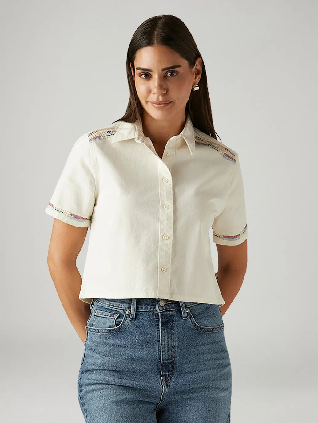 Women's Embroidered Off White Spread Collar Shirt 1