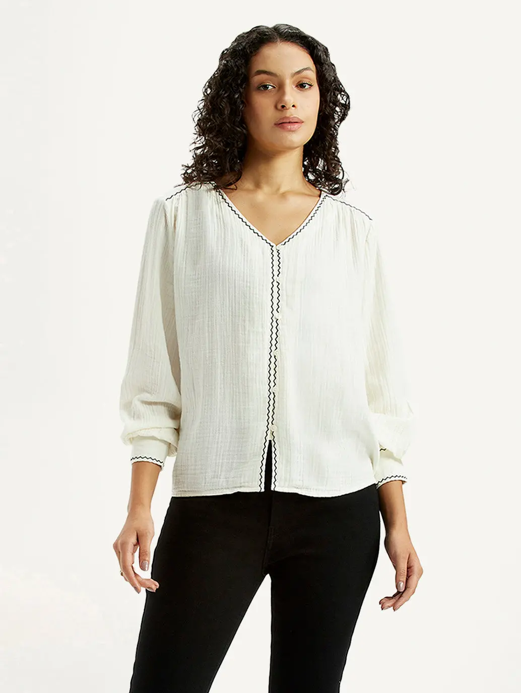 Women's Textured Off White V-Neck Top 1