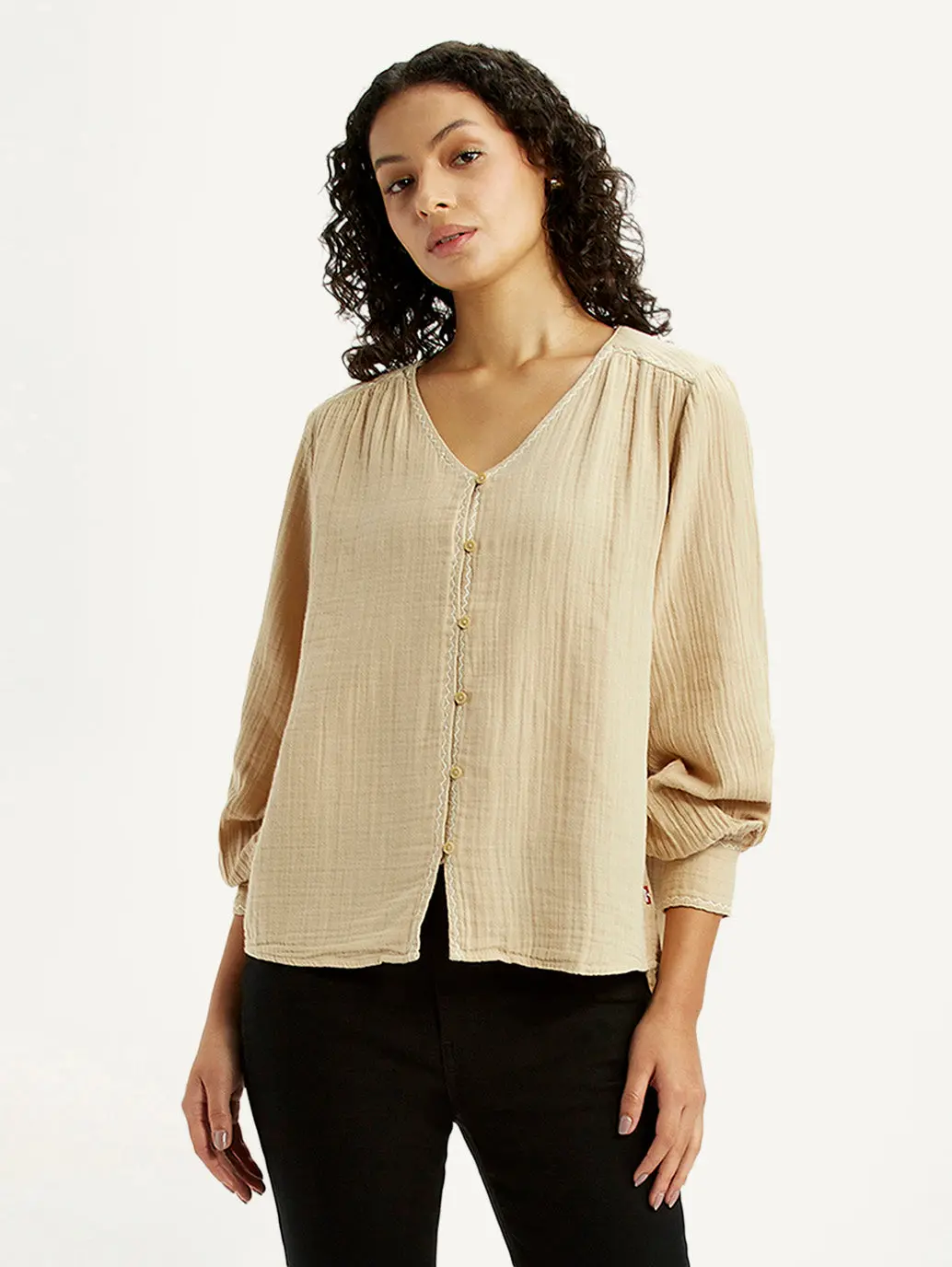 Women's Textured Beige V-Neck Top 1