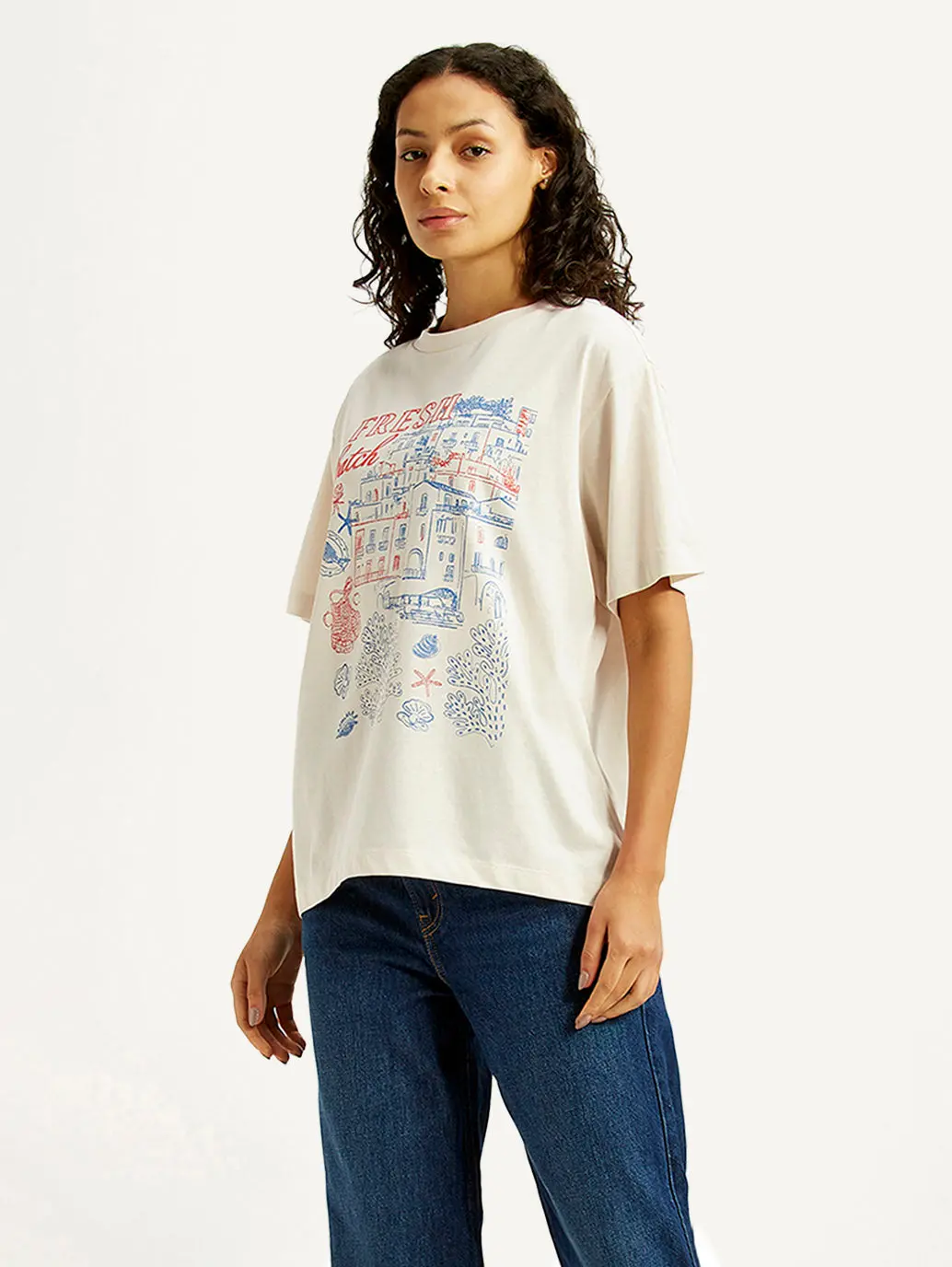 Women's Graphic Print Off White Oversized T-Shirt 1