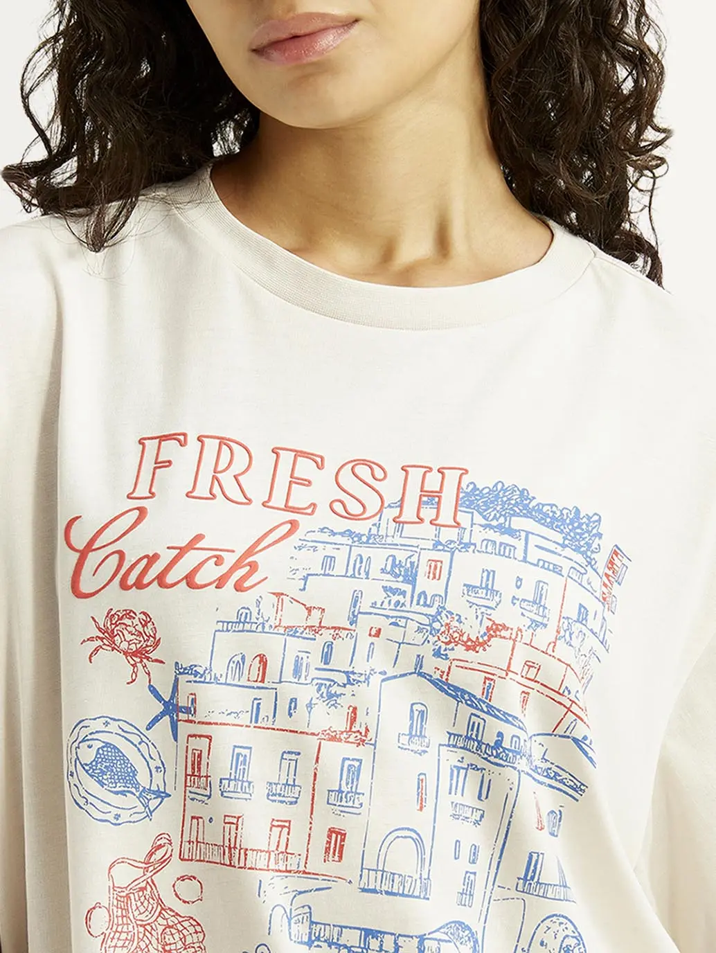 Women's Graphic Print Off White Oversized T-Shirt 4