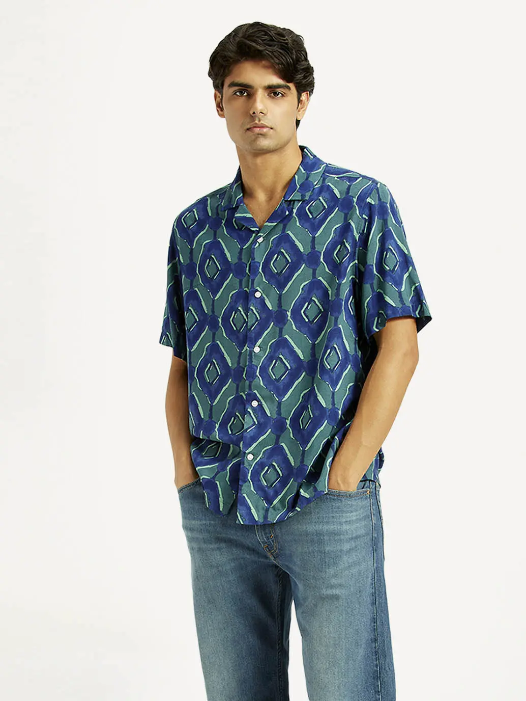 Men's Geometric Blue Camp Shirt 1