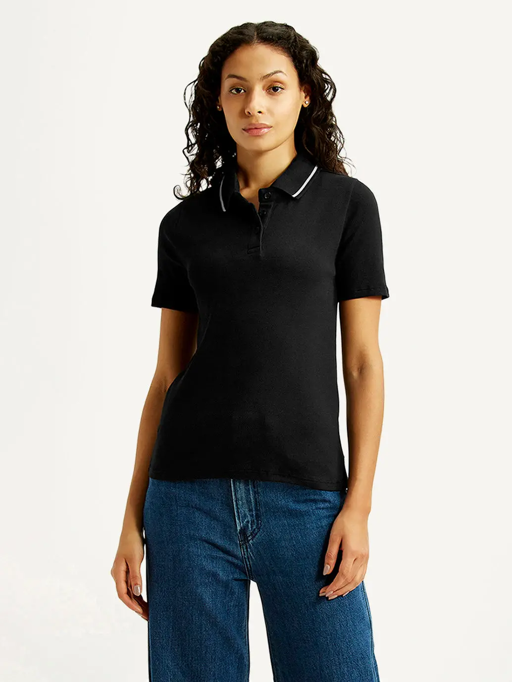 Women's Solid Black Slim Fit Polo Ribbed T-Shirt 1