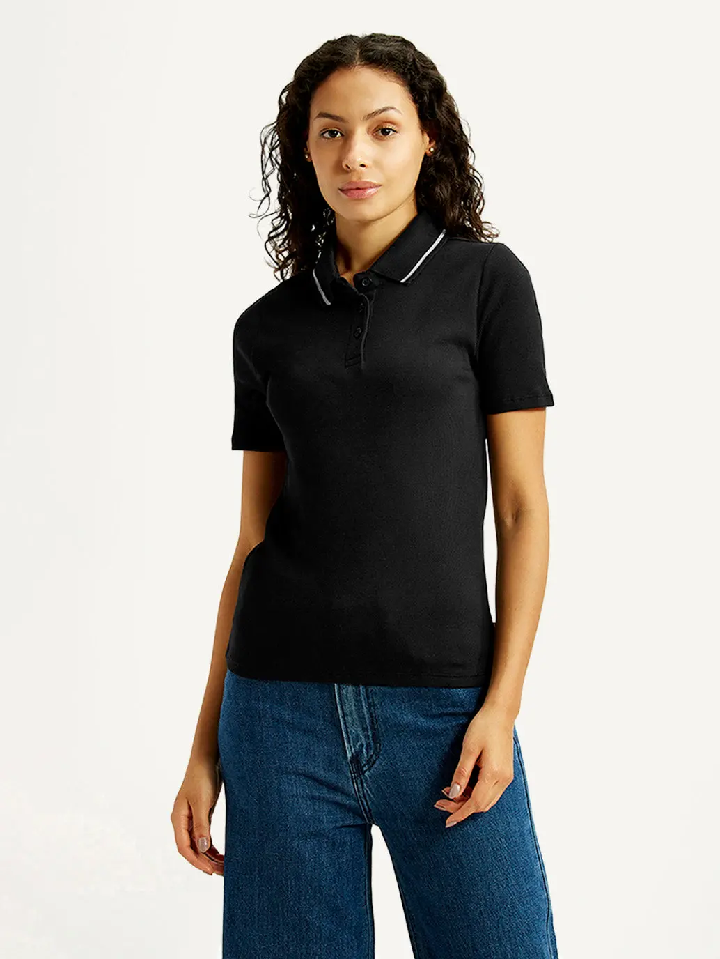 Women's Solid Black Slim Fit Polo Ribbed T-Shirt 2