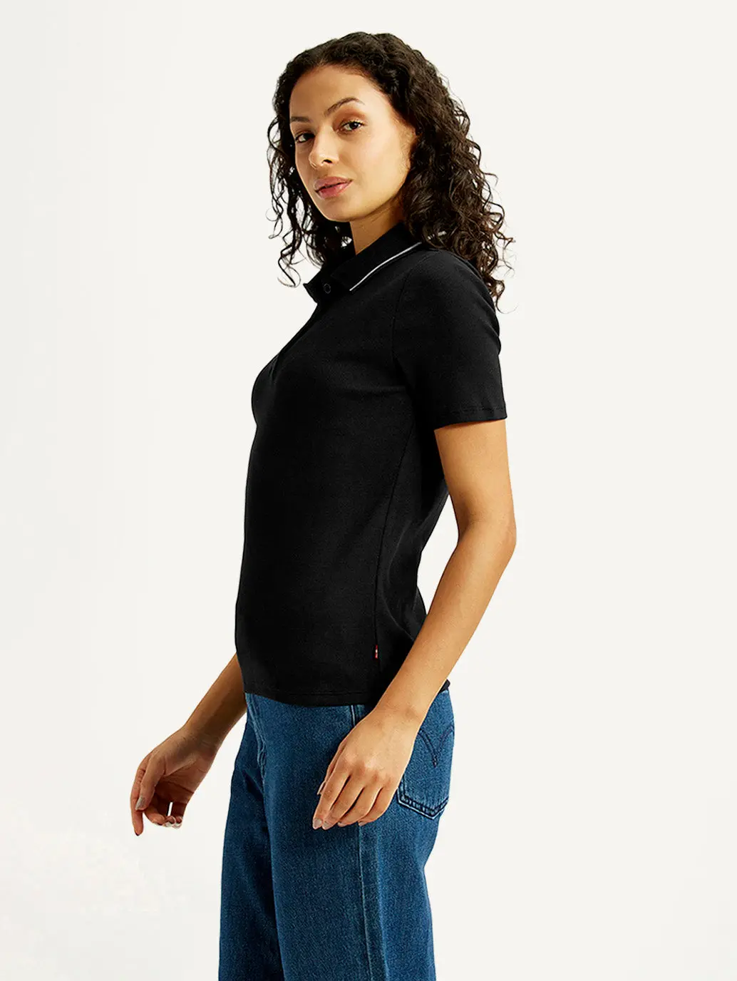 Women's Solid Black Slim Fit Polo Ribbed T-Shirt 5