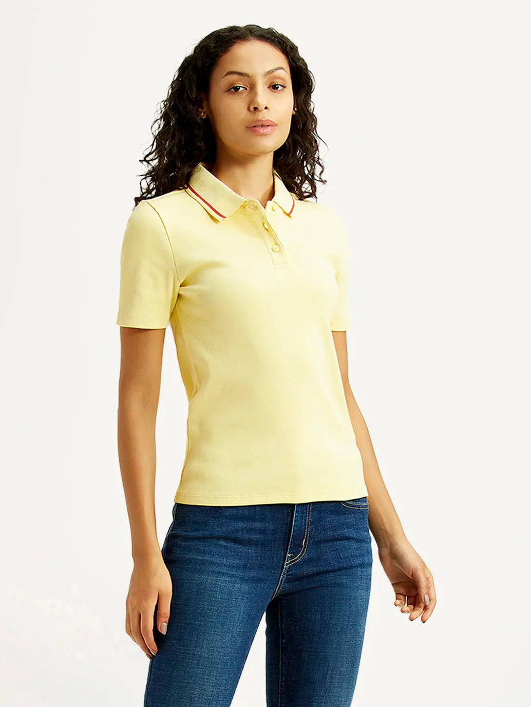 Women's Solid Yellow Slim Fit Polo Ribbed T-Shirt 5