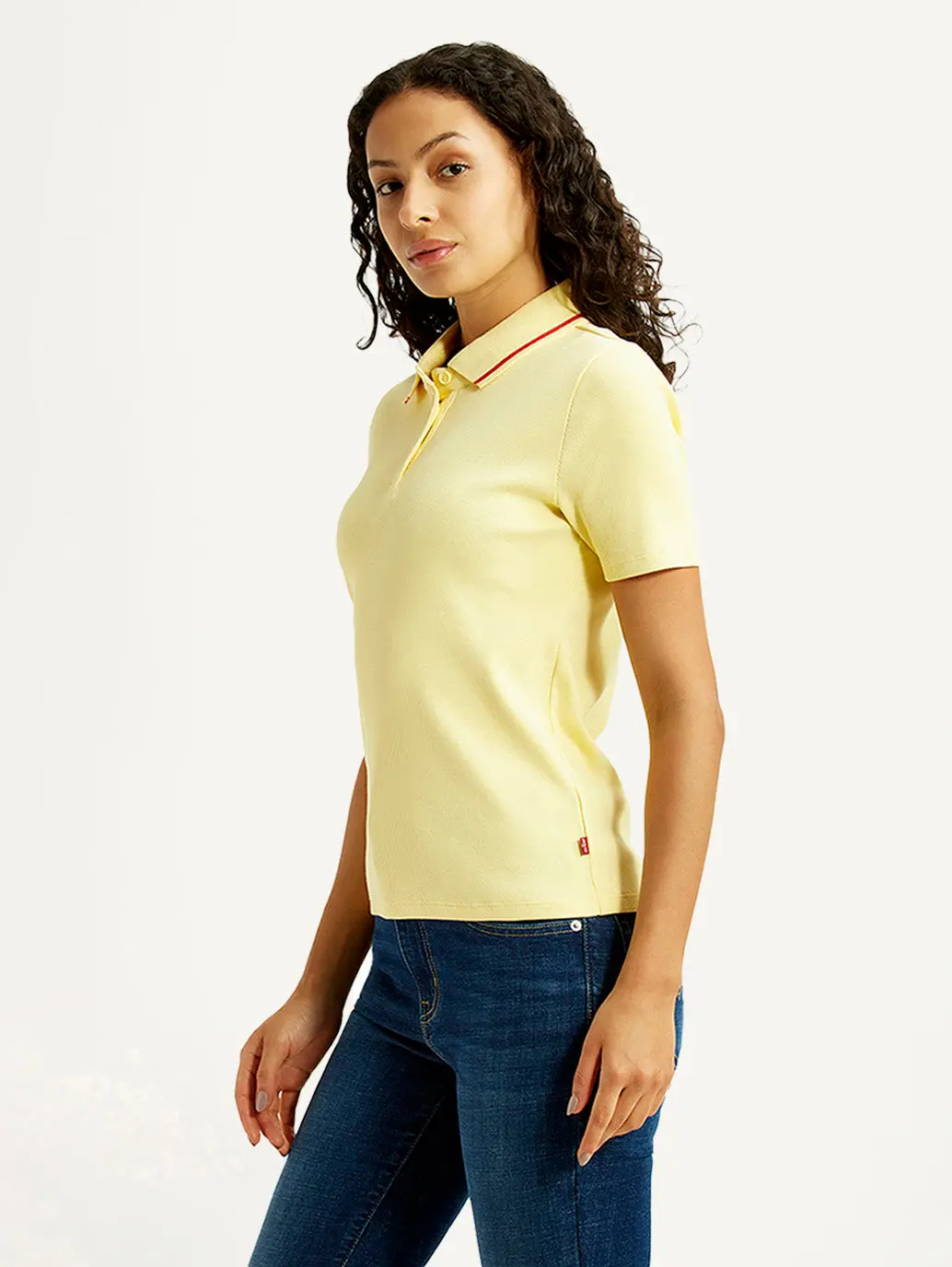 Women's Solid Yellow Slim Fit Polo Ribbed T-Shirt 3
