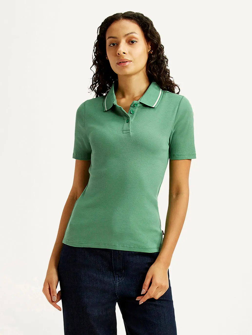 Women's Solid Green Slim Fit Polo Ribbed T-Shirt 1