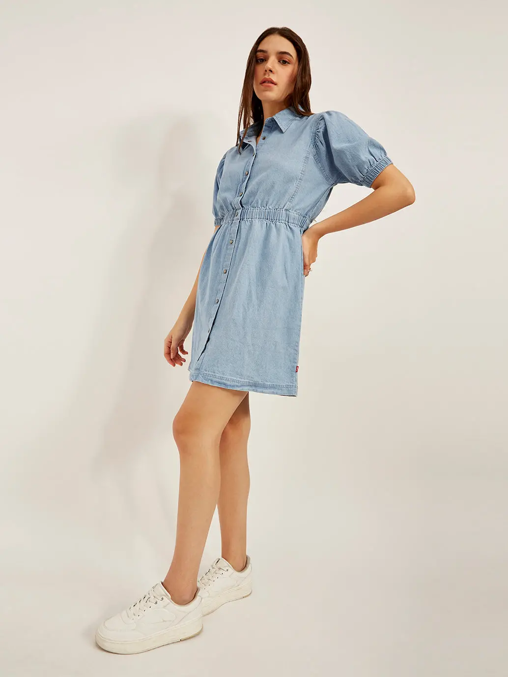 Women's Solid Light Blue Spread Collar Dress 1