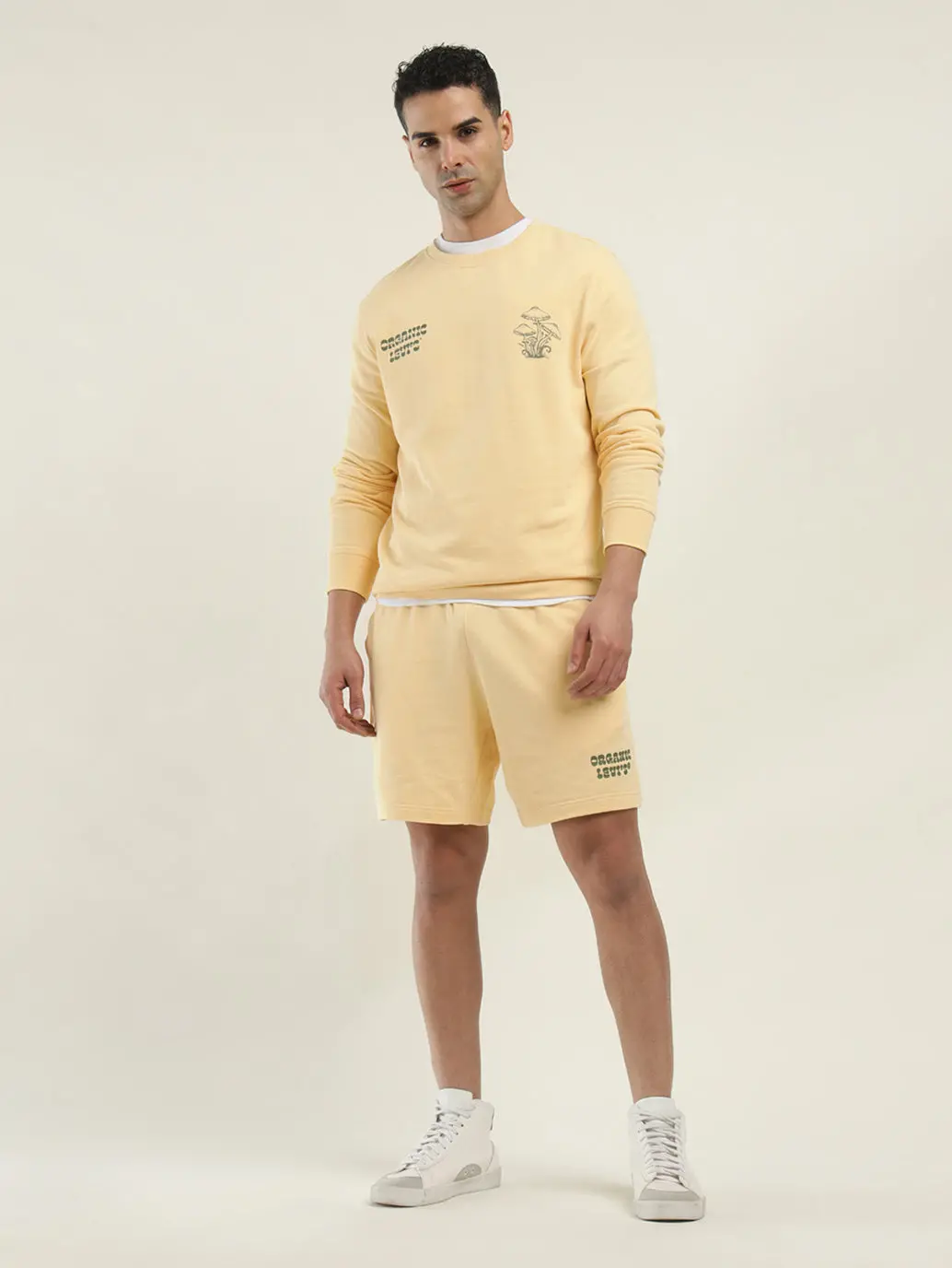 Men's Solid Yellow Crew Neck Co-Ord Set 1