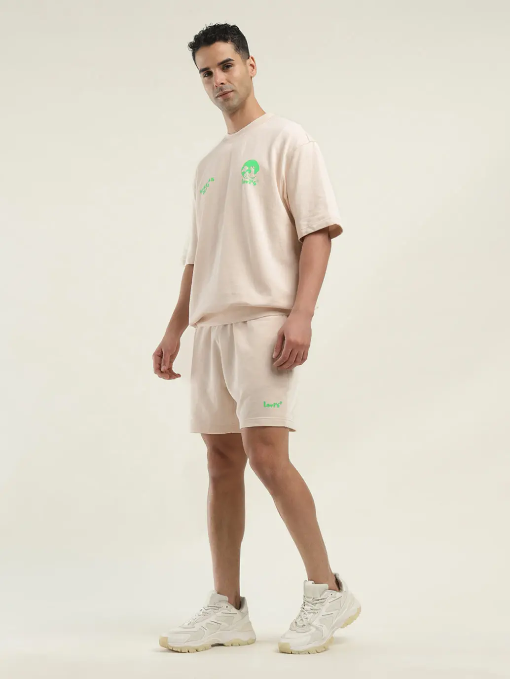 Men's Solid Cream Crew Neck Co-Ord Set 1