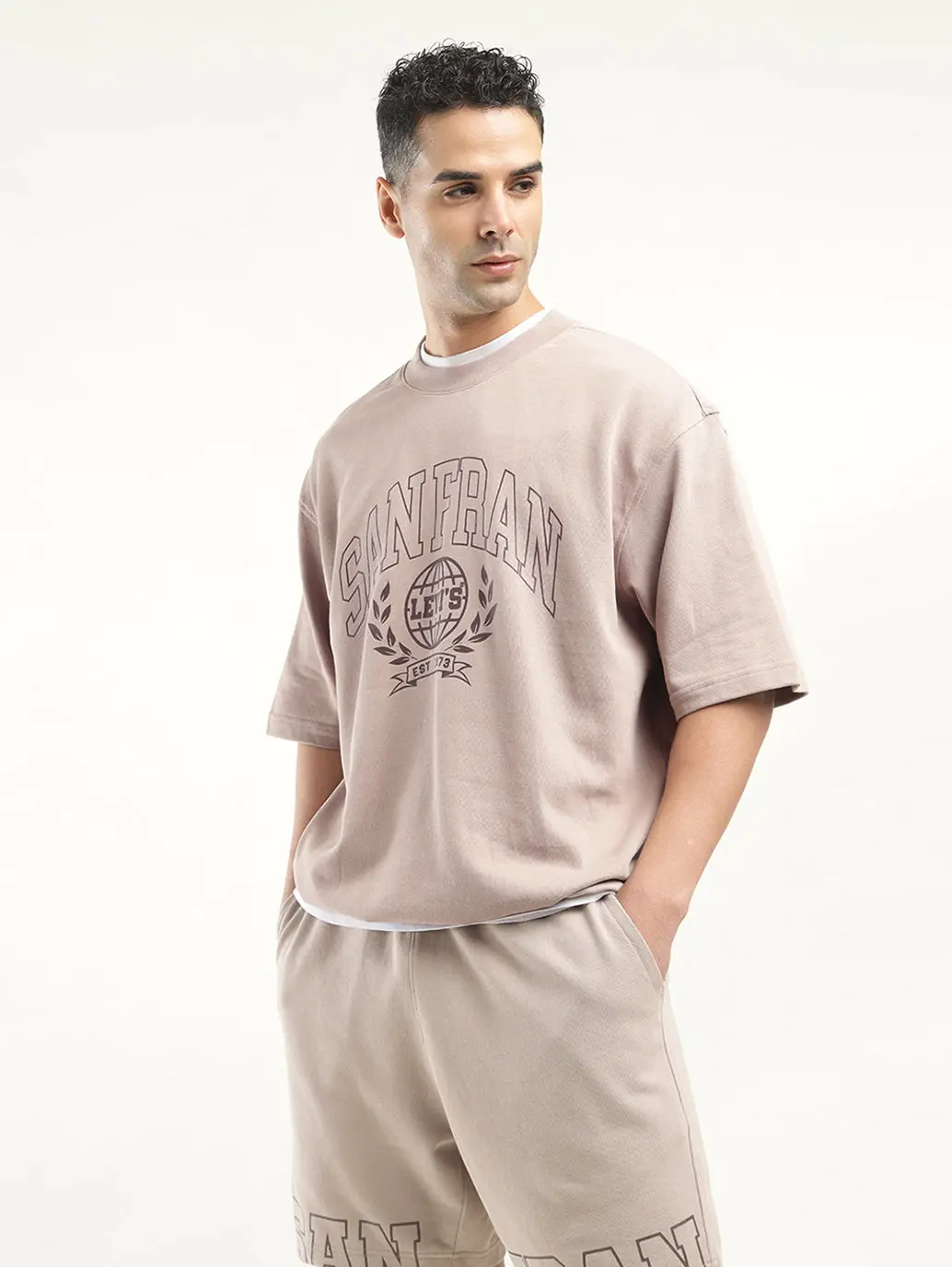 Men's Graphic Beige Crew Neck Co-Ord Set 1