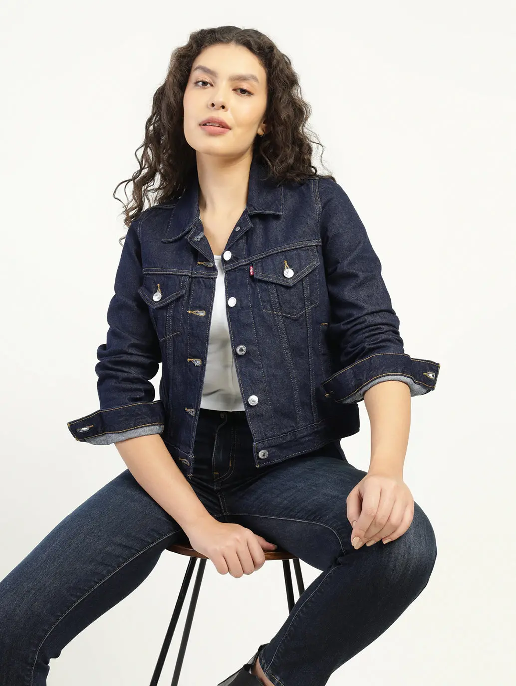 Women's Solid Dark Blue Spread Collar Denim Jacket 1