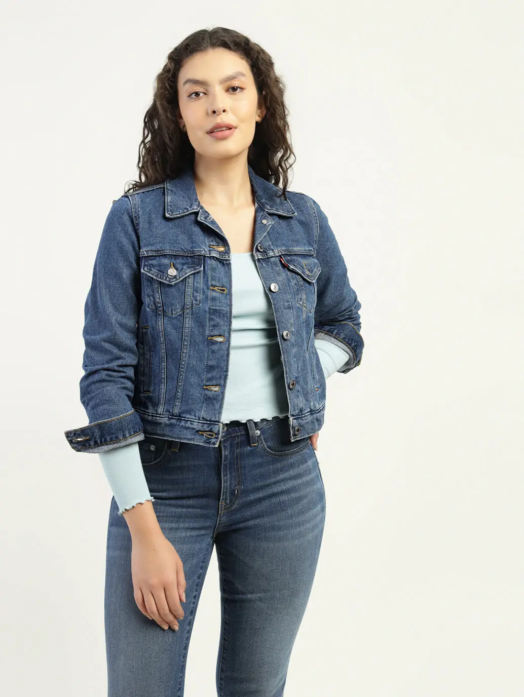 Women's Solid Dark Blue Spread Collar Denim Jacket 2