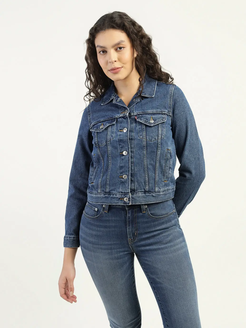 Women's Solid Dark Blue Spread Collar Denim Jacket 1