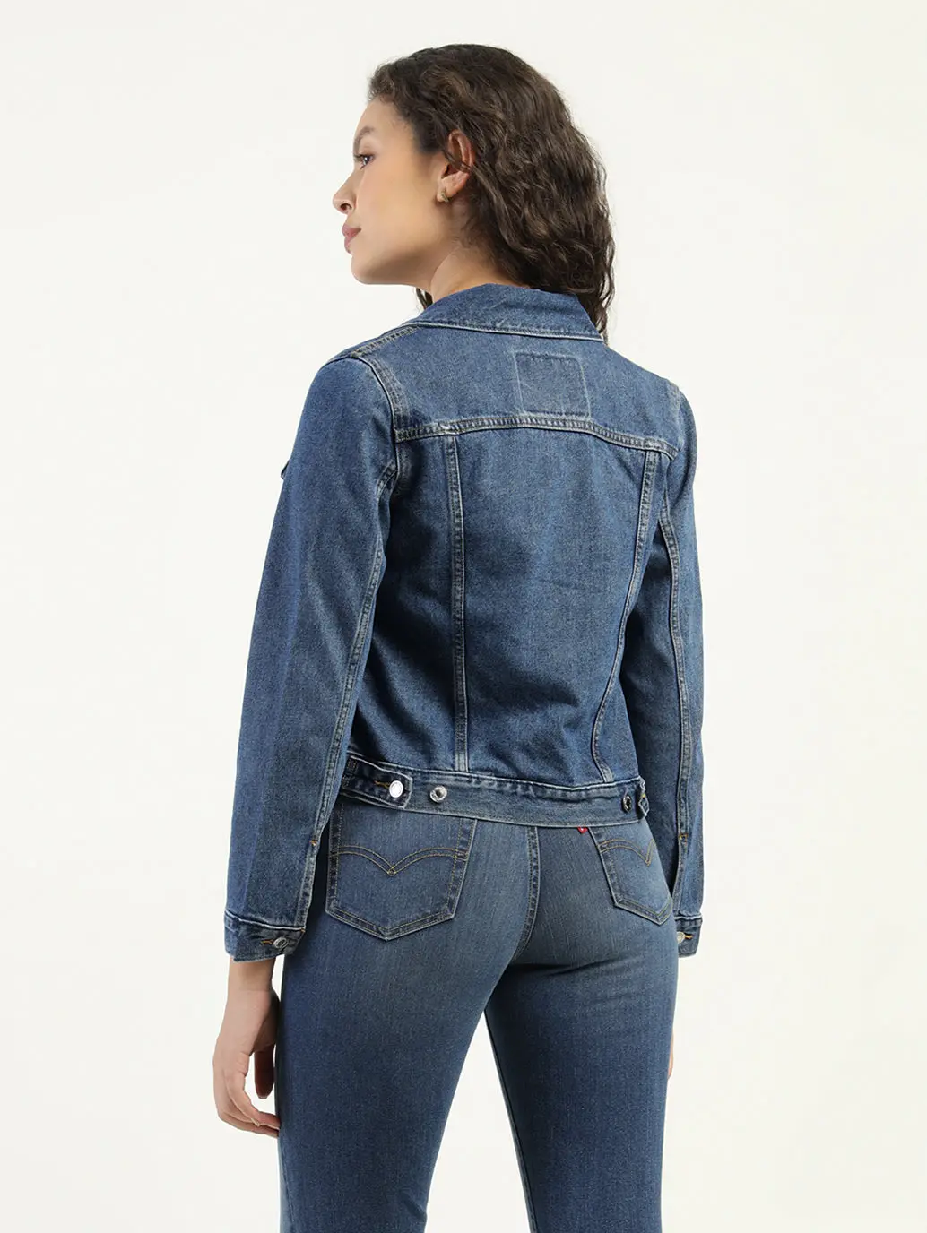 Women's Solid Dark Blue Spread Collar Denim Jacket 3