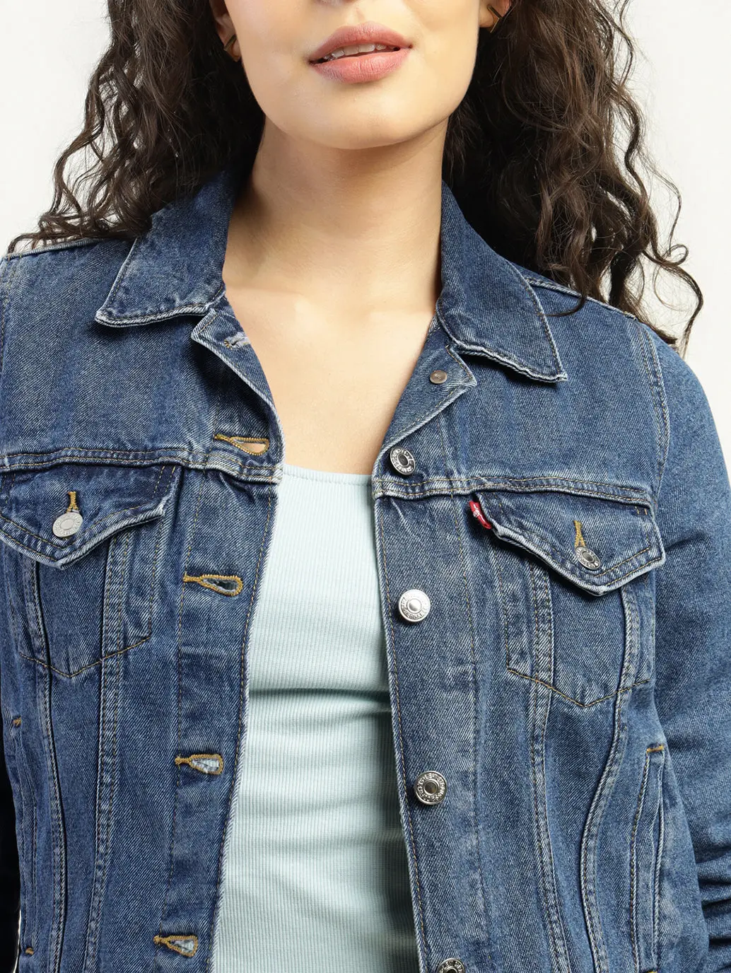 Women's Solid Dark Blue Spread Collar Denim Jacket 4