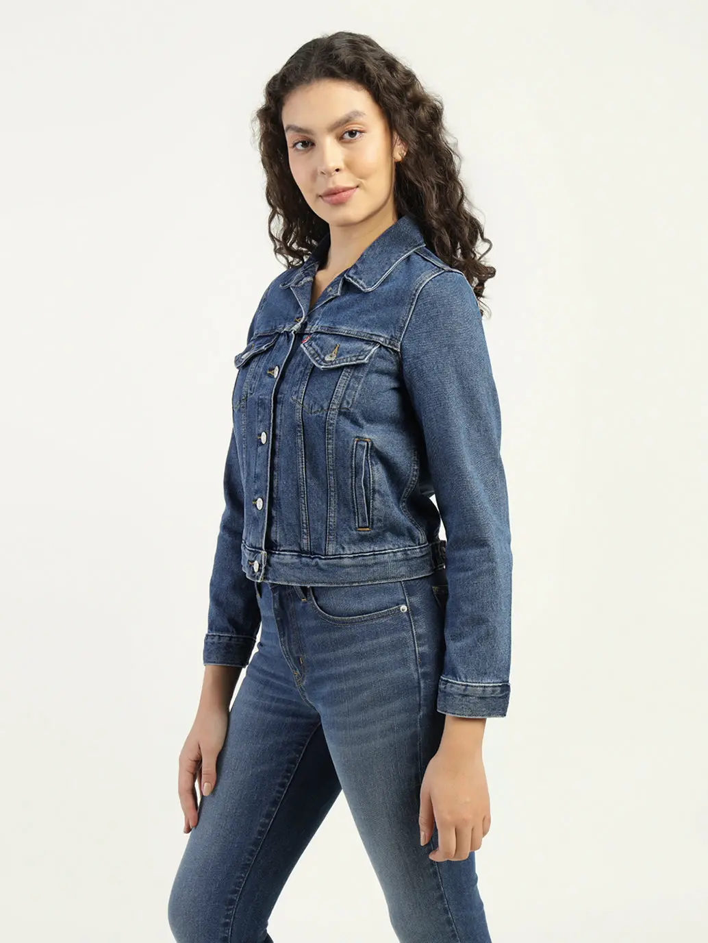 Women's Solid Dark Blue Spread Collar Denim Jacket 5