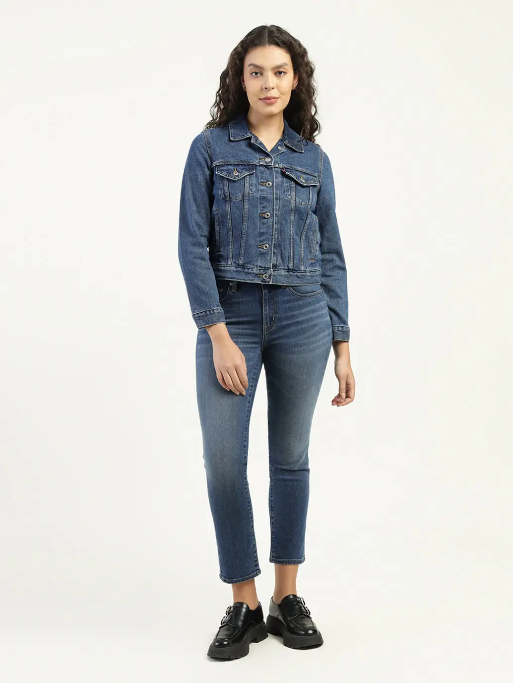Women's Solid Dark Blue Spread Collar Denim Jacket 6