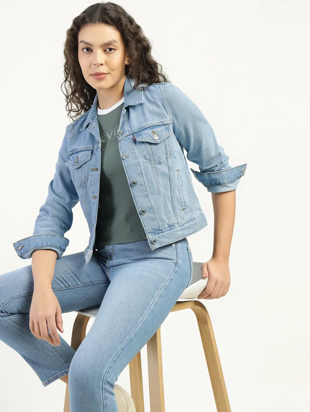 Women's Solid Light Blue Spread Collar Denim Jacket 1