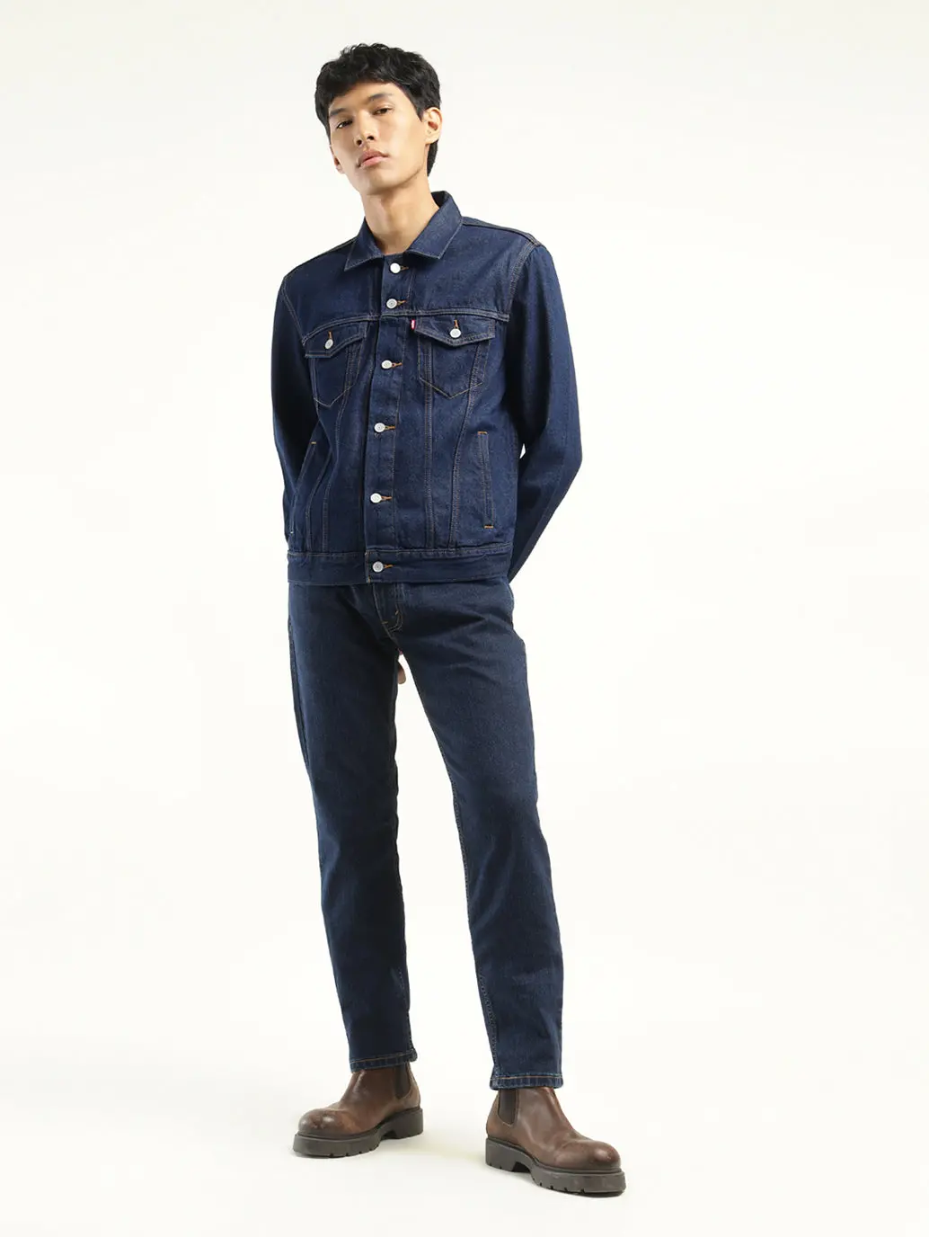 Men's Solid Dark Blue Spread Collar Denim Jacket 1