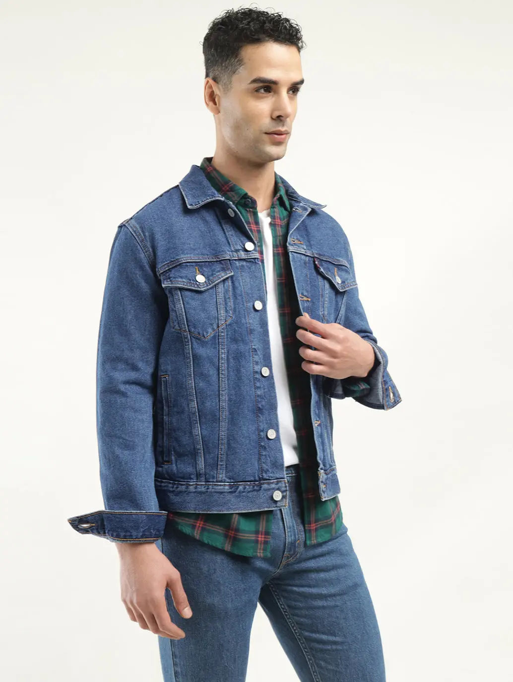 Men's Solid Blue Spread Collar Denim Jacket 1