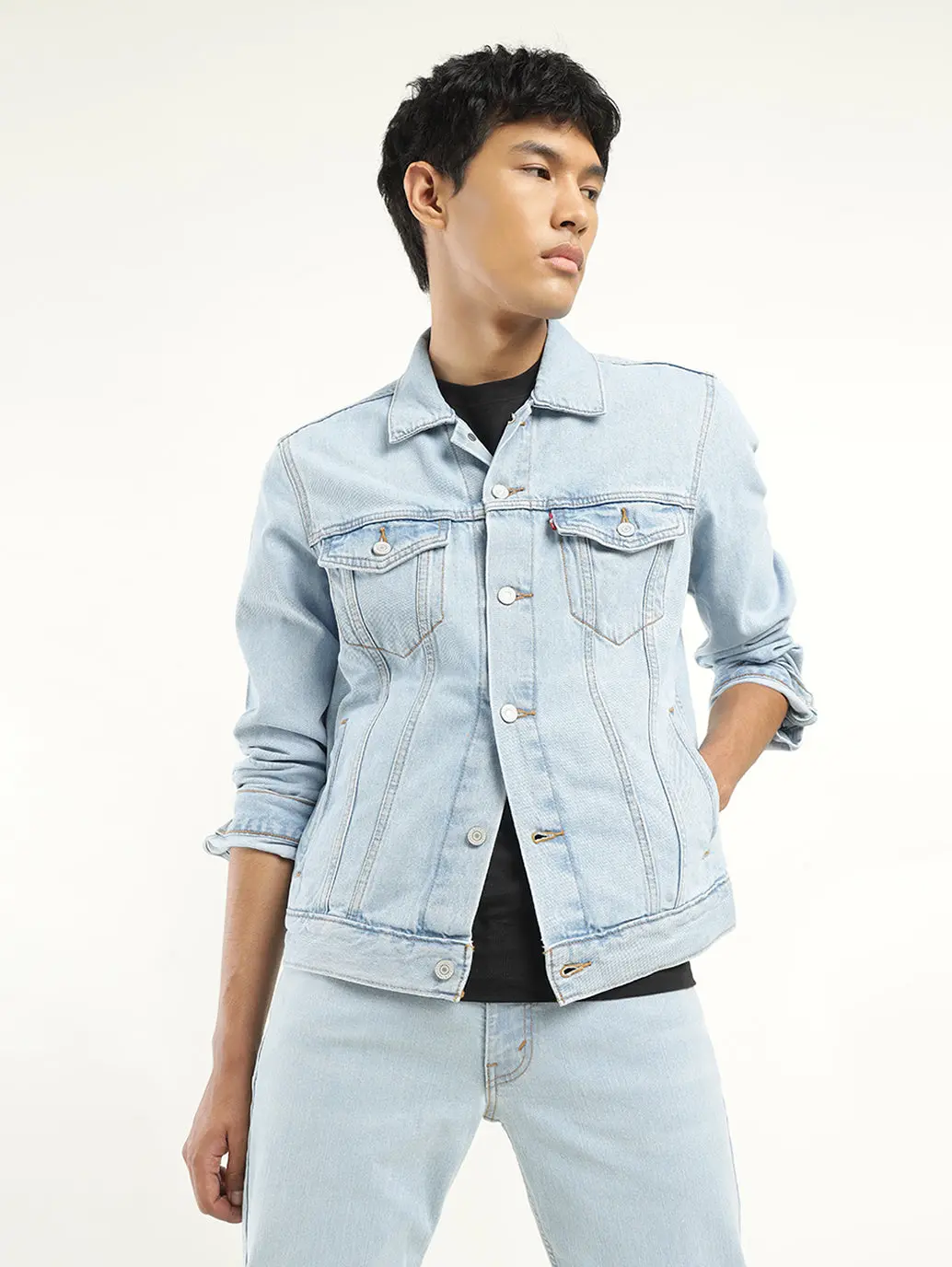 Men's Solid Light Blue Spread Collar Denim Jacket 1