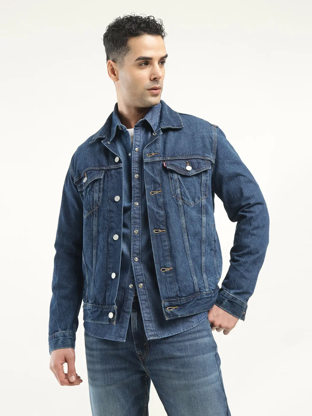 Men's Solid Dark Blue Spread Collar Denim Jacket 1
