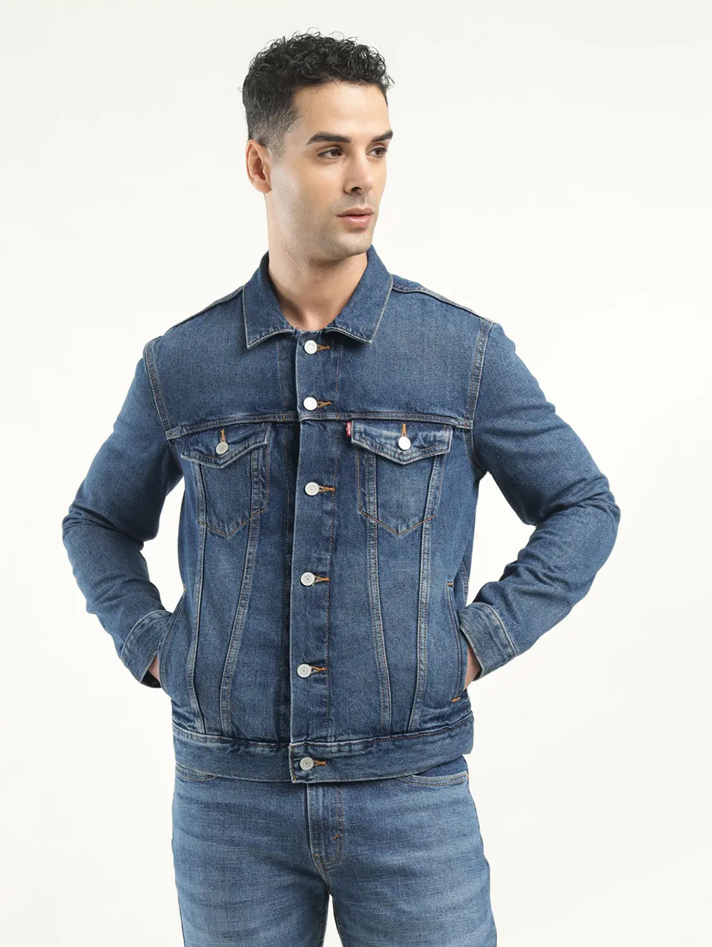 Men's Solid Blue Spread Collar Denim Jacket 1