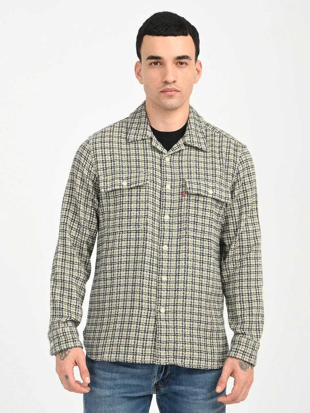 Men's Checkered Beige Slim Fit Camp Shirt 1