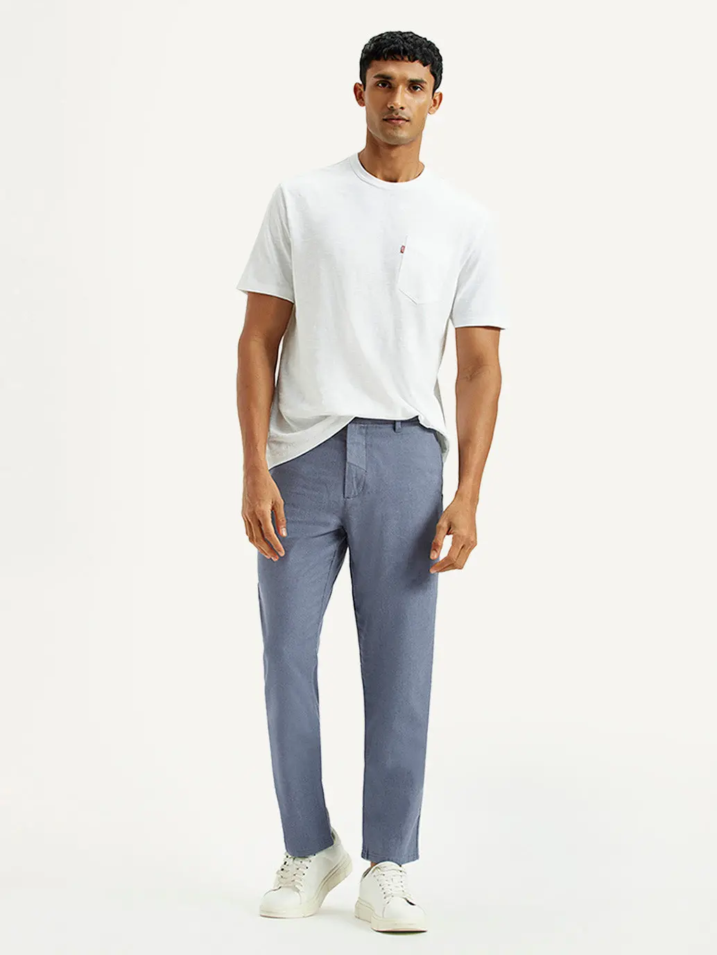 Men's Blue Relaxed Straight Fit Mid Rise Linen Trousers 1