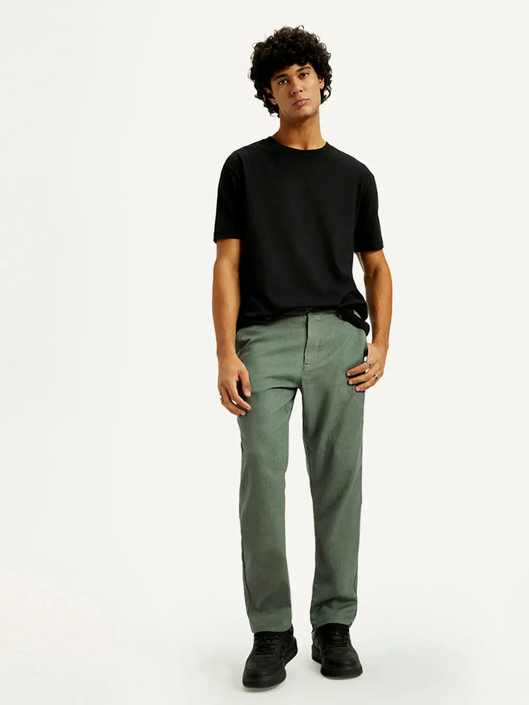 Men's Green Straight Fit Mid Rise Linen Chinos 1