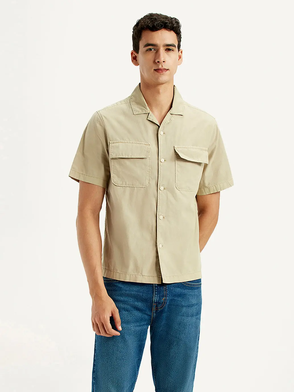 Men's Overdyed Beige Slim Fit Resort Collar Oxford Shirt 1