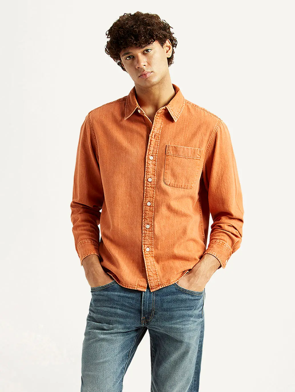 Men's Solid Orange Spread Collar Shirt 1