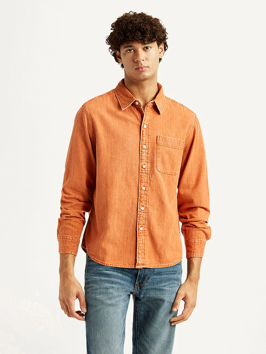 Men's Solid Orange Spread Collar Shirt 2