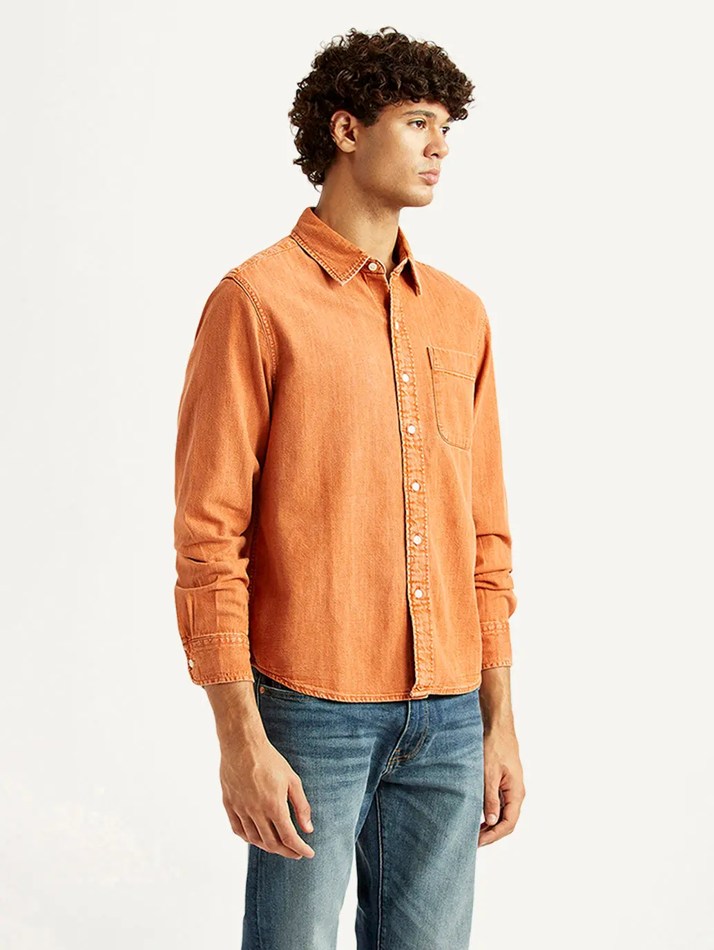 Men's Solid Orange Spread Collar Shirt 4
