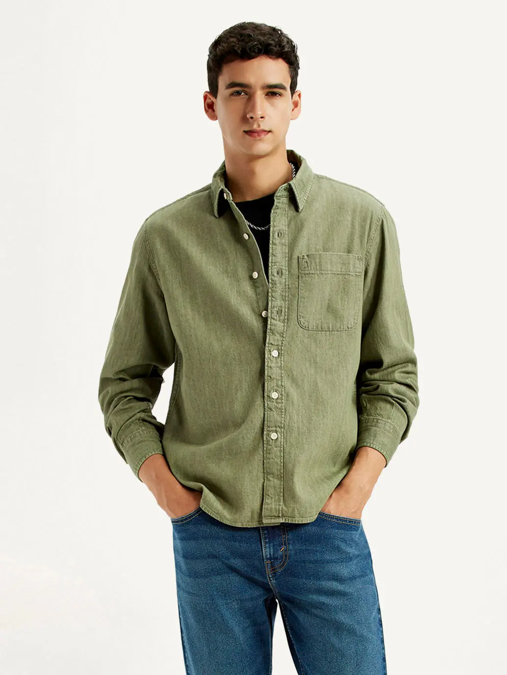 Men's Solid Olive Spread Collar Relaxed Fit Shirt 1