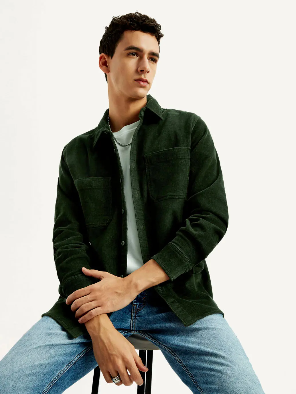 Men's Solid Spread Collar Corduroy Shacket 1