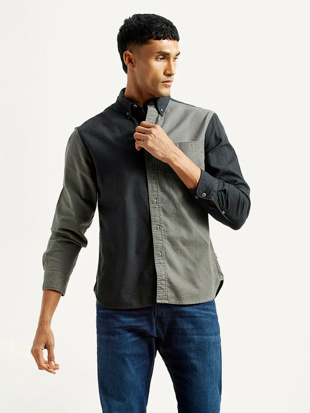 Men's Colorblock Charcoal Grey Spread Collar Flannel Shirt 1