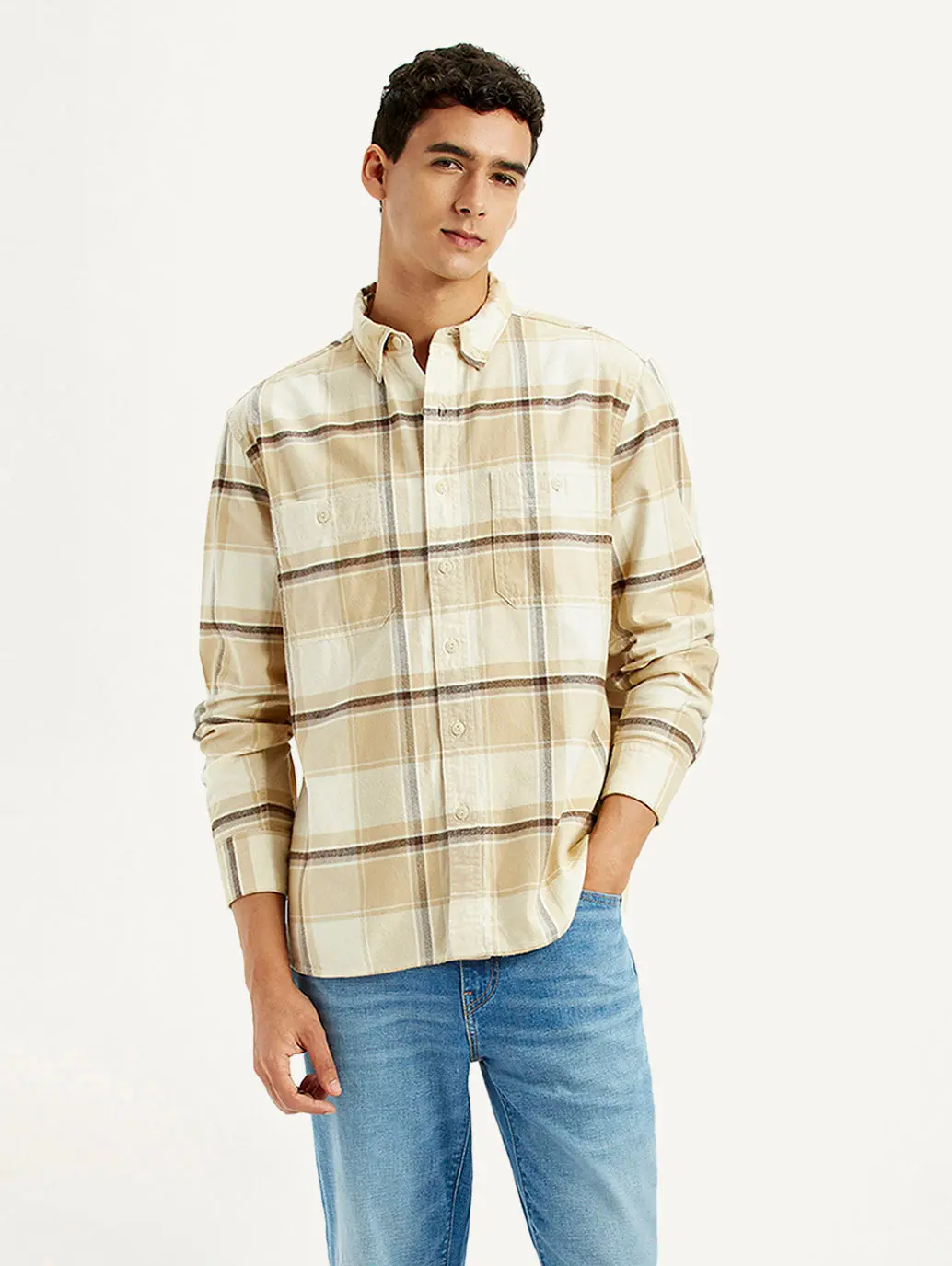 Men's Checkered Beige Flannel Relaxed Fit Shirt 1