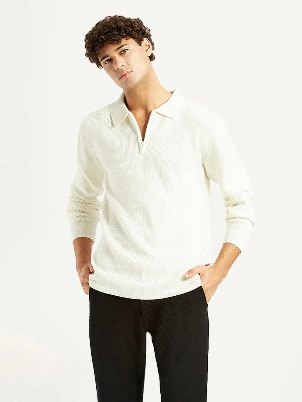 Men's Self Design Off White Polo Neck Sweater 1