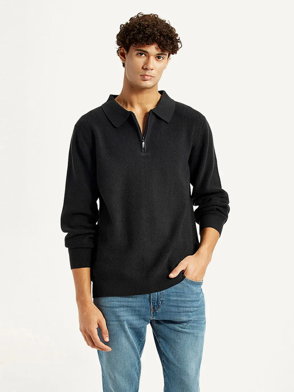 Men's Self Design Black Polo Neck Sweater 1