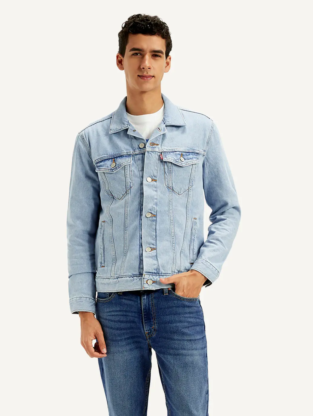 Men's Solid Blue Spread Collar Denim Jacket 1