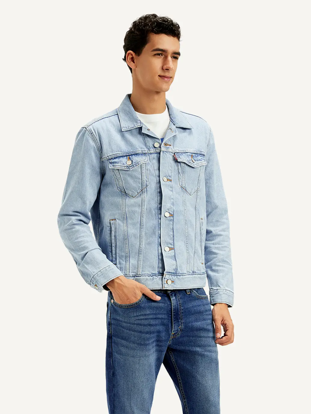 Men's Solid Blue Spread Collar Denim Jacket 4