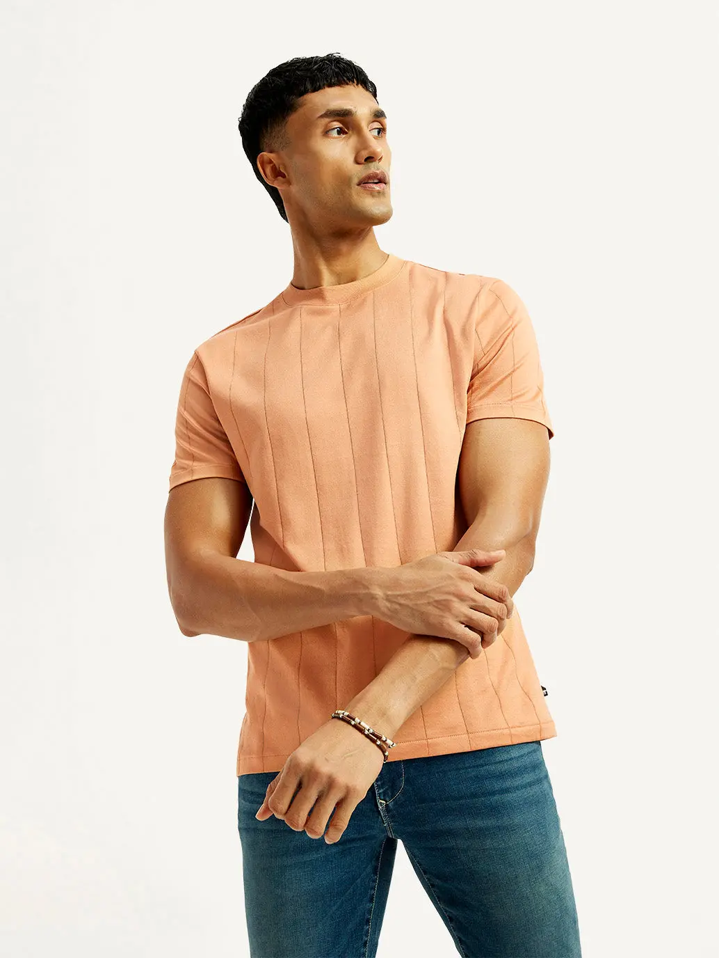 Men's Striped Peach Crew Neck T-Shirt 1