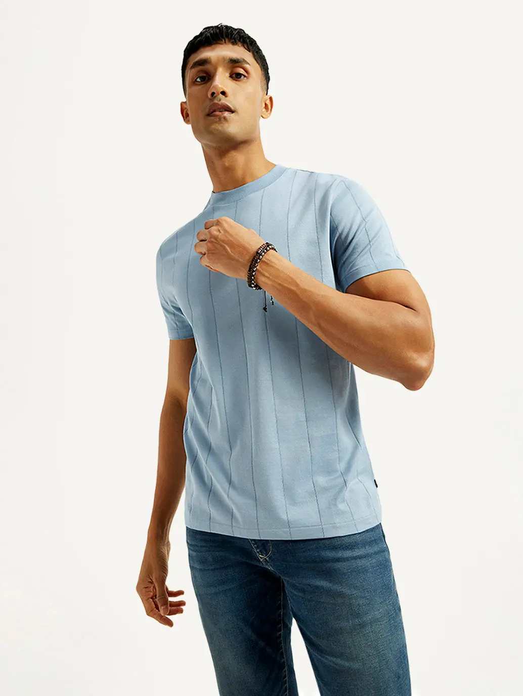 Men's Striped Light Blue Crew Neck T-Shirt 1