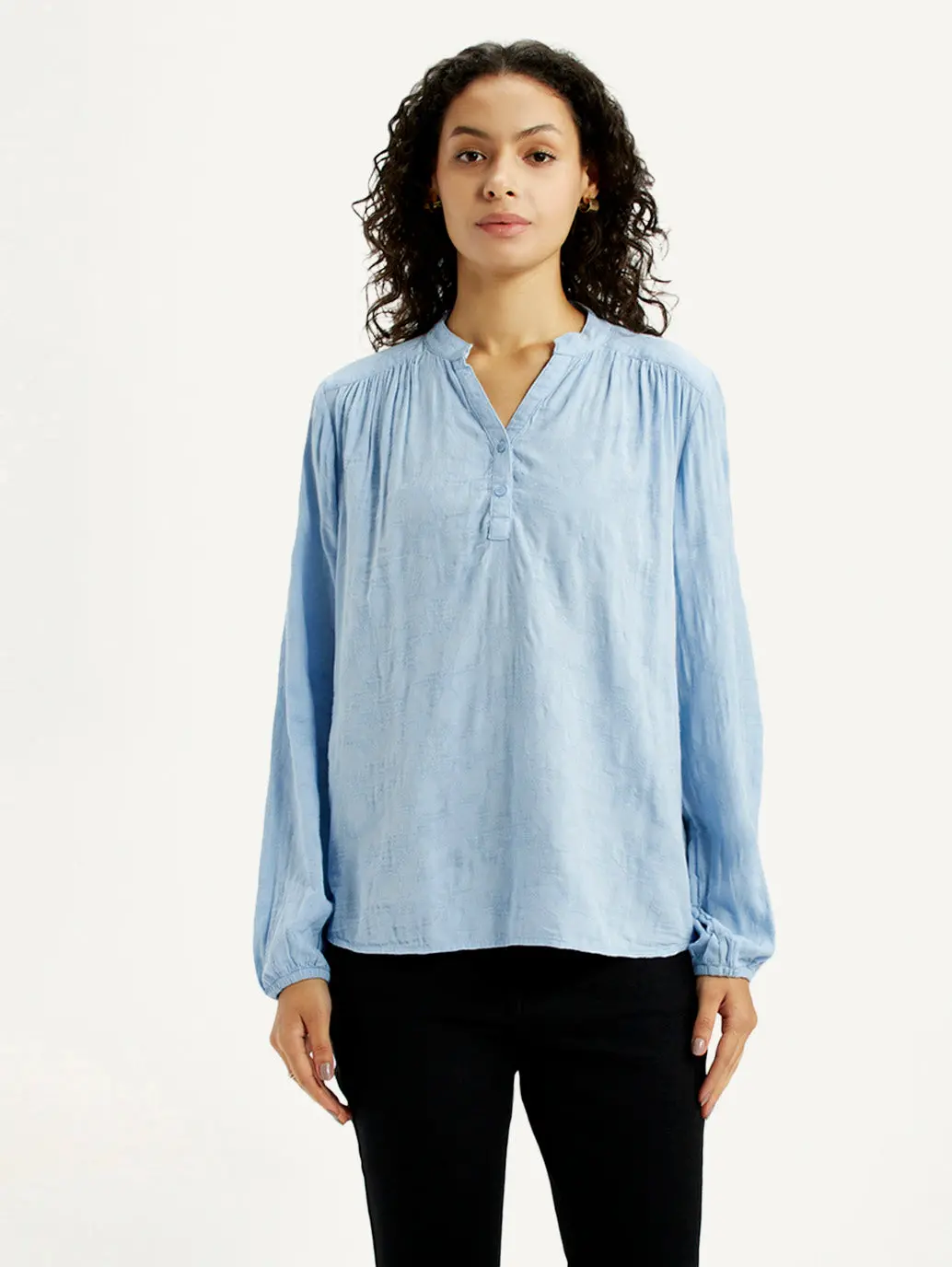 Women's Self Design Light Blue Mandarin Collar Top 2