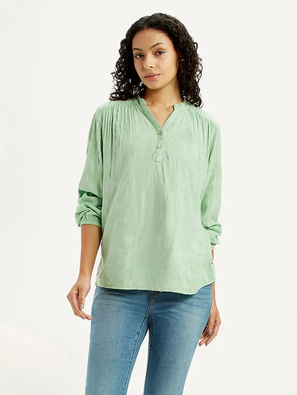 Women's Self Design Light Green Mandarin Collar Top 1