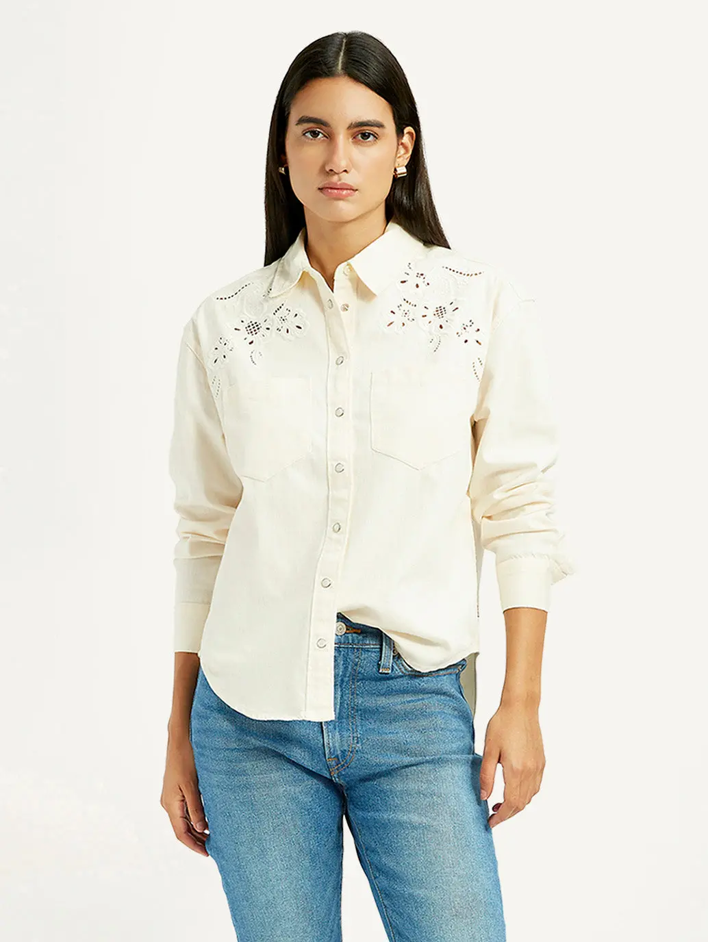 Women's Embroidered Cream Spread Collar Shirt 1