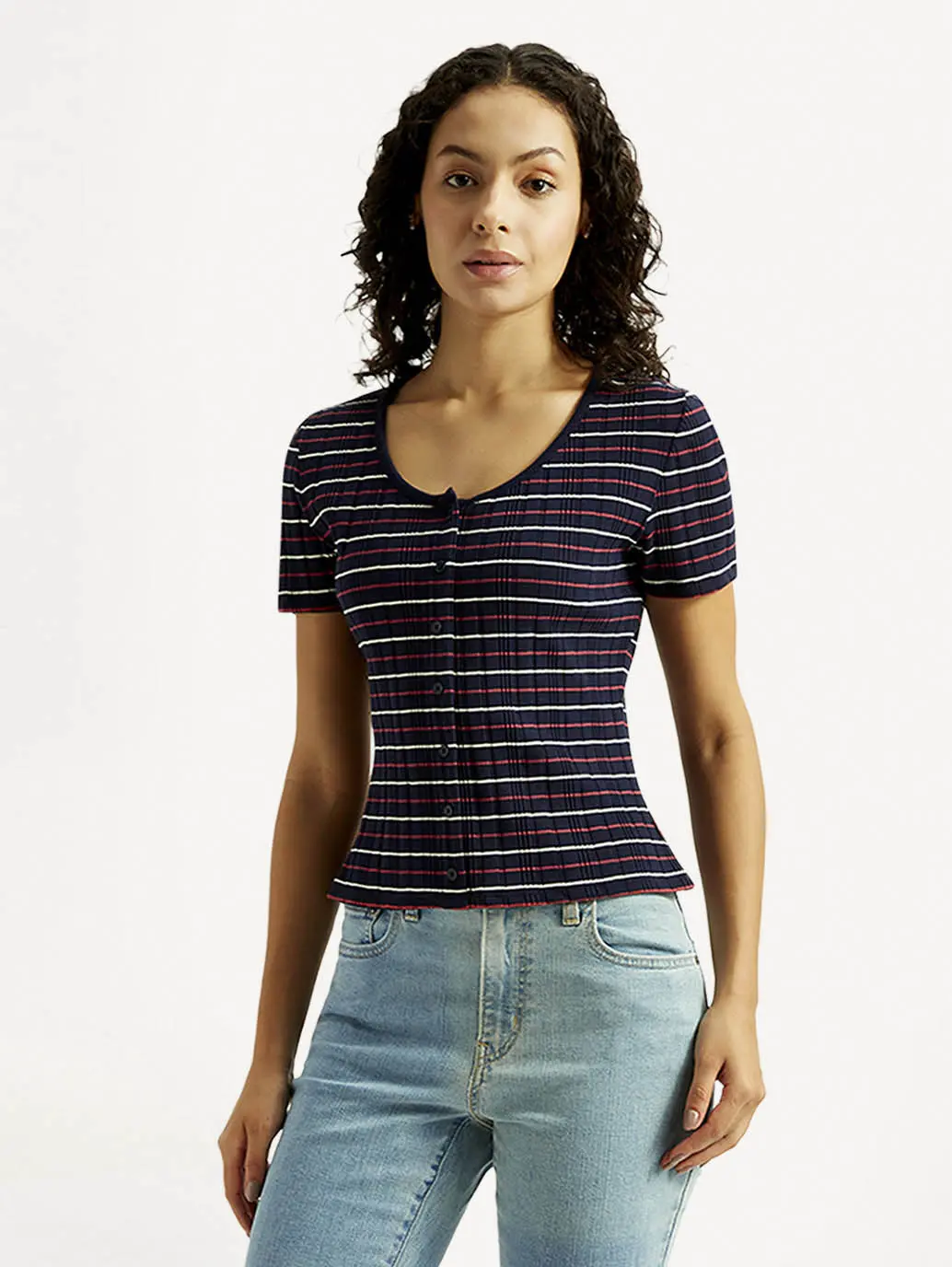 Women's Striped Navy Scoop Neck Top 1